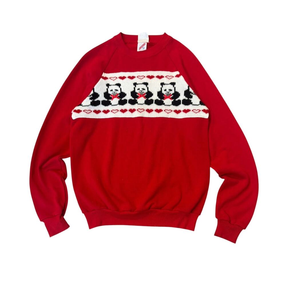 Vintage 80's Panda Bow Hearts Crewneck Sweatshirt M Red Bears Retro Kitsch